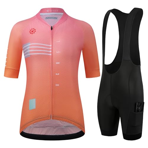 GCRFL Damen Radtrikot-Sets Rennradtrikot Reitshirts Hoch Atmungsaktiv Trägerhose mit Taschen und 4D Gepolstert, rosa/orange, S von GCRFL