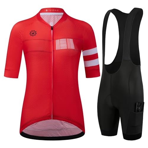 GCRFL Damen Radtrikot Sets Rennrad Trikot Reithemden Leicht Trägerhose mit Taschen Gepolstert, rot, Klein von GCRFL