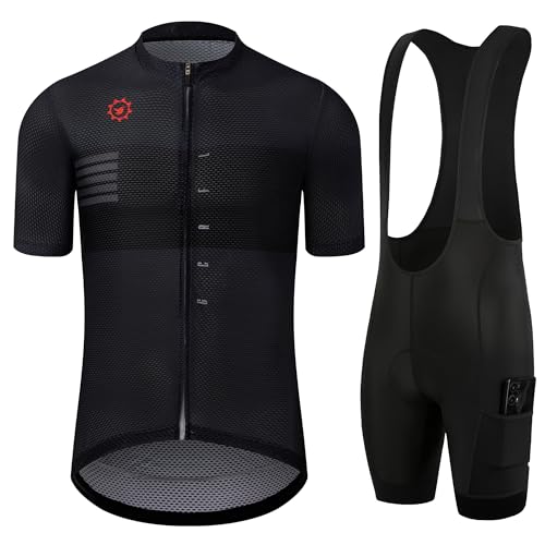 GCRFL Herren Radtrikot Sets Rennrad Trikot Reitshirts Leichte Trägerhose mit Taschen Gepolstert, Schwarz, XX-Large von GCRFL