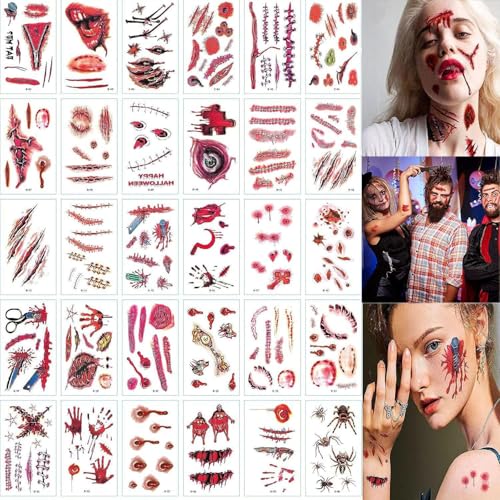 30 Blatt Halloween Temporäre Tattoo- Schaurig Blutige Vampir Zombie Tattoo für Cosplay Party Deko Zubehör Erwachsener Make-up Requisiten von GCSOMLE