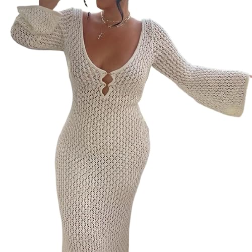 Strandkleid Damen Langes Strick-Strandkleid for Damen, ausgehöhlt, tiefer V-Ausschnitt, langärmlig, Bikini-Vertuschungskleid, rückenfreies Herbst-Urlaubskleid Strandkleider Große Größen(A,L) von GCYEIDMA
