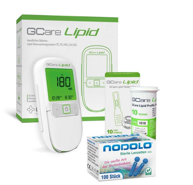 GCare Lipid Cholesterin Messgerät 4 in1 (TC, TG, HDL& kalk. LDL), Kombiset, Mit 10 Teststeifen, 100 Lanzetten, hochwertiges Etui etc. von GCare Lipid