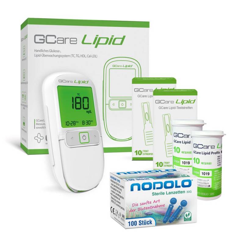 GCare Lipid Cholesterin Messgerät 4 in1 (TC, TG, HDL& kalk. LDL), Mit 20 Teststeifen, 110 Lanzetten, hochwertiges Etui etc. von GCare Lipid