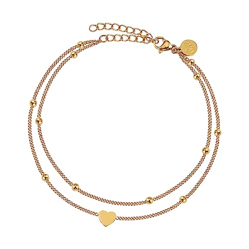 GD GOOD.designs EST. 2015 Fußkettchen Herz Gold für Damen - Wasserfest I Mehrreihige Fußkette - Verstellbar I Filigraner Edelstahl Fußschmuck mit 18K Vergoldung von GD GOOD.designs EST. 2015