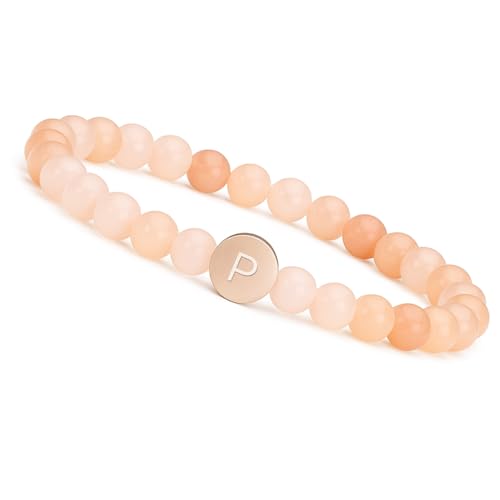 GD GOOD.designs Armband mit Buchstaben P I Personalisiertes Damen Perlenarmband mit Sonnenstein Natursteinperlen und 18K rosé vergoldeter Buchstabenperle - Valentinstag - Geschenk für Sie von GD GOOD.designs