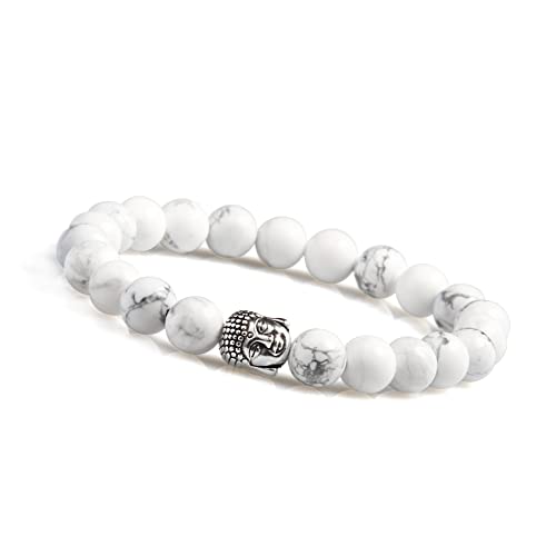 GD GOOD.designs Buddha Armband für Damen und Herren I Perlenarmband mit echten 8mm Howlith Perlen I Weißes Kugelarmband von GD GOOD.designs