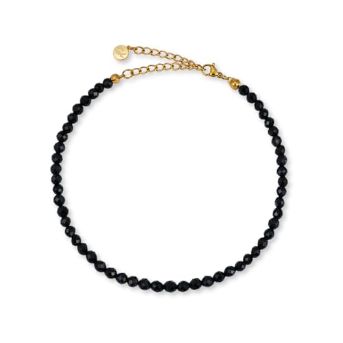 GD GOOD.designs Fussketten für Frauen mit echten Achat Perlen 4mm - Wasserfest - Naturstein Fußkettchen Schwarz mit verstellbaren Verschluss in 18K Gold von GD GOOD.designs