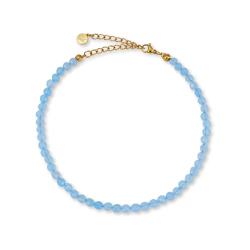 GD GOOD.designs Fussketten für Frauen mit echten Aquamarin Perlen 4mm - Wasserfest - Naturstein Fußkettchen blau mit verstellbaren Verschluss in 18K Gold von GD GOOD.designs