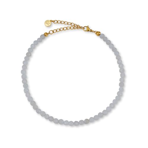 GD GOOD.designs Fussketten für Frauen mit echten Mondstein Perlen 4mm - Wasserfest - Naturstein Fußkettchen Weiß mit verstellbaren Verschluss in 18K Gold von GD GOOD.designs