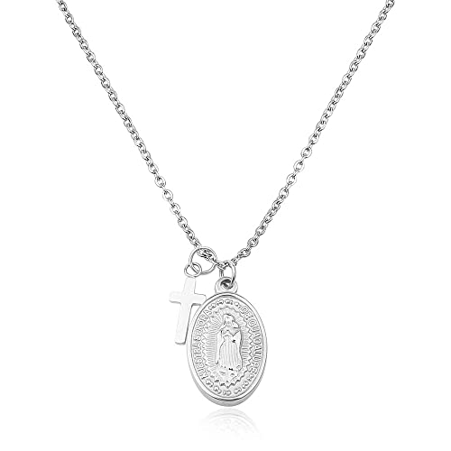 GD GOOD.designs Maria Kette in Silber für Damen - Wasserfest - Madonna Halskette mit kleinem Kreuz Anhänger aus Edelstahl I Größenverstellbar 40+5cm von GD GOOD.designs