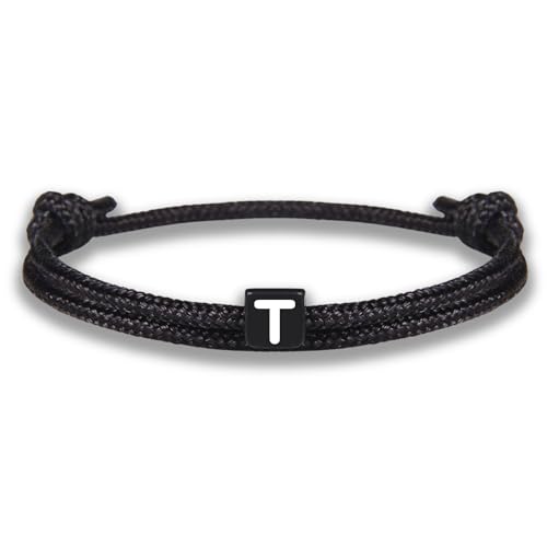 GD GOOD.designs Armband mit Buchstabe T | Verstellbares Partnerarmband (14cm - 25cm) mit schwarz geflochtenen Seil - Geschenk für Sie und Ihn von GD GOOD.designs