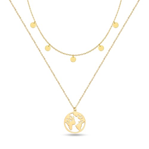 GD GOOD.designs Weltkugel Kette Gold mit Plättchen Mehrreihig für Damen - Wasserfest I Layering Halskette mit Weltkarte und Coins I 18K vergoldete Doppelkette von GD GOOD.designs