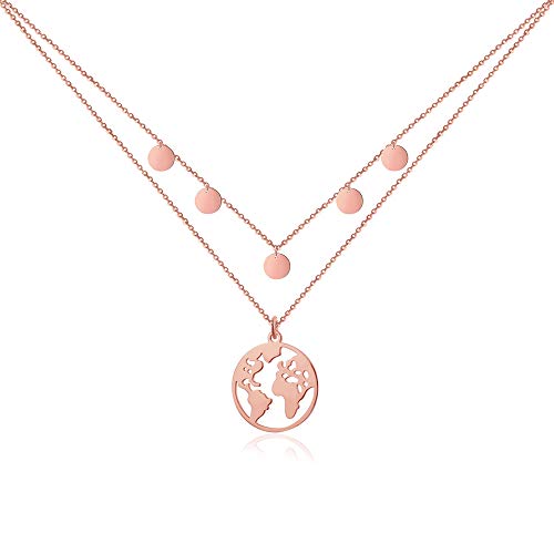 GD GOOD.designs EST. 2015 Weltkugel Kette Roségold mit Plättchen Mehrreihig für Damen - Wasserfest I Layering Halskette mit Weltkarte und Coins I 18K vergoldete Doppelkette von GD GOOD.designs EST. 2015