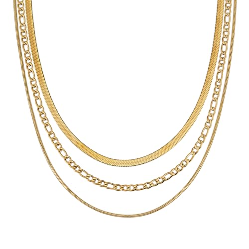 GD GOOD.designs Layering Kette vergoldet - Wasserfestes 3er Ketten Set in 18K Gold | Verstellbare Figaro- und Schlangenkette - 316L Edelstahl - Goldene Halskette Damen von GD GOOD.designs