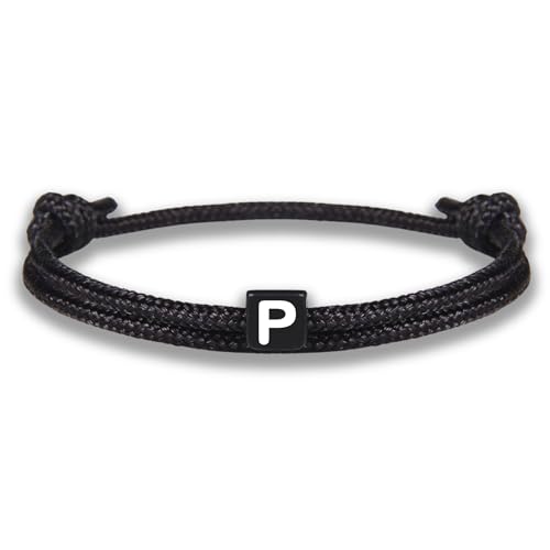GD GOOD.designs Armband mit Buchstabe P | Verstellbares Partnerarmband (14cm - 25cm) mit schwarz geflochtenen Seil - Geschenk für Sie und Ihn von GD GOOD.designs