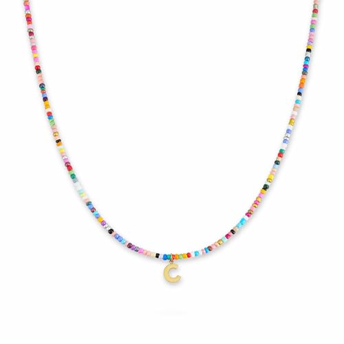 GD GOOD.designs Bunte Perlenkette Damen | Wasserfeste Kette mit Buchstaben C | Initialen Anhänger aus 18K vergoldetem Edelstahl | Halskette hautverträglich & verstellbar (40-45 cm) von GD GOOD.designs
