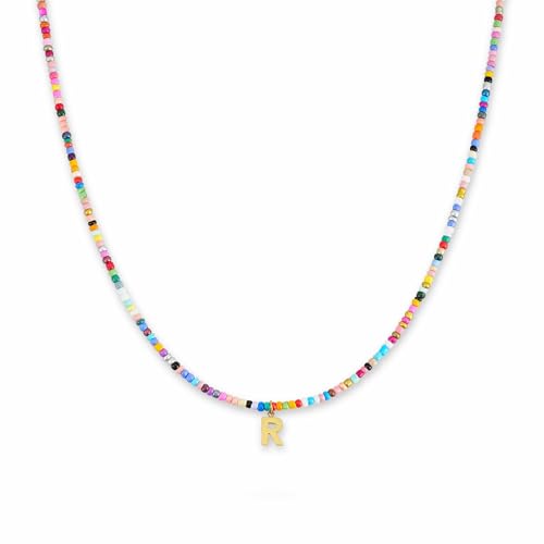 GD GOOD.designs Bunte Perlenkette Damen | Wasserfeste Kette mit Buchstaben R | Initialen Anhänger aus 18K vergoldetem Edelstahl | Halskette hautverträglich & verstellbar (40-45 cm) von GD GOOD.designs