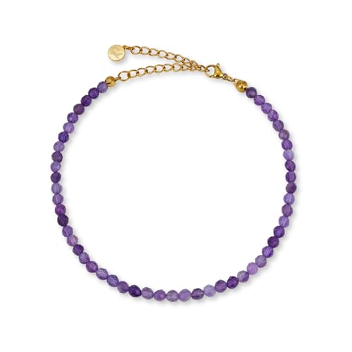 GD GOOD.designs Fussketten für Frauen mit echten Amethyst Perlen 4mm - Wasserfest - Naturstein Fußkettchen Lila mit verstellbaren Verschluss in 18K Gold von GD GOOD.designs