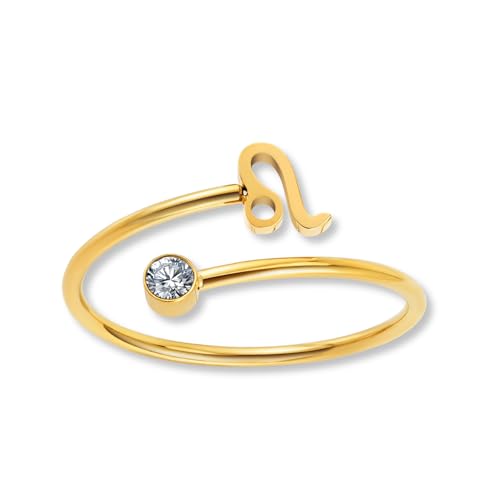 GD GOOD.designs Sternzeichen Ring Löwe Gold mit Zirkoniastein für Damen - 18K vergoldeter Damenring aus 316L Edelstahl | Ring verstellbar (Ringgröße 52-60) und wasserfest - inkl. Geschenkbox von GD GOOD.designs