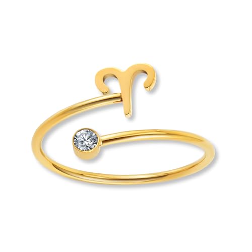 GD GOOD.designs Sternzeichen Ring Widder Gold mit Zirkoniastein für Damen - 18K vergoldeter Damenring aus 316L Edelstahl | Ring verstellbar (Ringgröße 52-60) und wasserfest - inkl. Geschenkbox von GD GOOD.designs