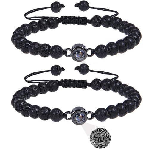 GDBAIXIMY Paare 100 verschiedene Sprachen That Says I Love You Passendes Projektionsarmband Männer Geschenke für Sie und Ihn Frauen Schwarz Matt Achat Weiß Türkis Stein Perlen von GDBAIXIMY