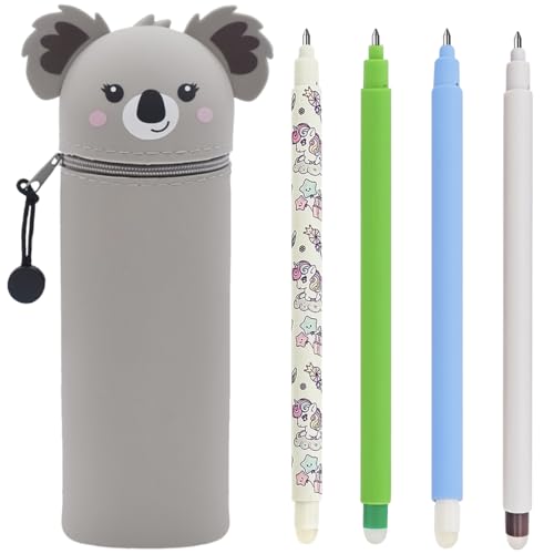 GDFJBG 2-in-1 Schulmäppchen aus weichem Silikon + 4 Radierbare Gelschreiber Set, Kawaii Koala, Weiche Stiftetasche mit Reißverschluss & Hitzeempfindliche Stifte - 0,7 mm (Koala) von GDFJBG