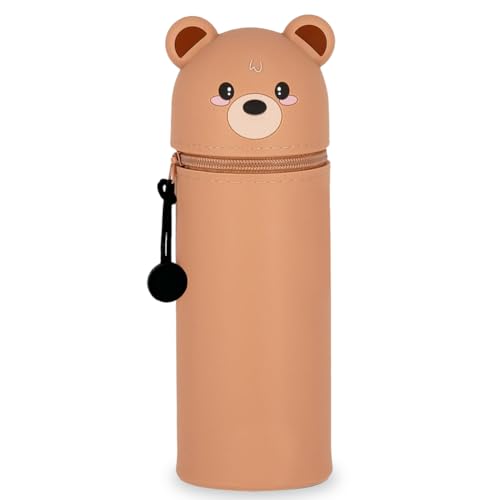 GDFJBG 2-in-1 Silikon Federmäppchen - Kawaii,Tischstifthalter Federtasche Tischstifthalter, Reißverschluss, Silikon, Stiftetasche Buntstifte Marker (Bär) von GDFJBG