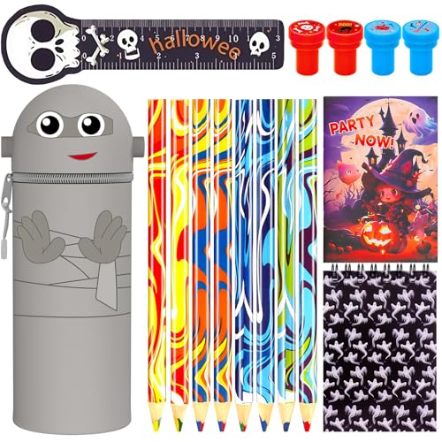GDFJBG 2-in-1 Weiche Federmäppchen - Halloween Federmäppchen Set, Kawaii mäppchen, Silikontasche (Mumie + 5 Bonbontüten + 12 Armbänder + Lineal + Lesezeichen + Tattoo-Aufkleber) von GDFJBG
