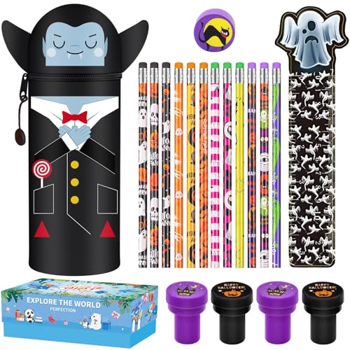 GDFJBG 2-in-1 Weiche Federmäppchen - Halloween Federmäppchen Set, Kawaii mäppchen, Silikontasche (Zauberer + 12 Klatschringe + 5 Bonbontüten + 12 Armbänder + Lineal) von GDFJBG