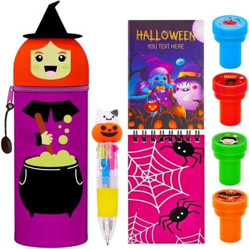 GDFJBG 2-in-1 Weiche Federmäppchen - Halloween Federmäppchen Set, Kawaii mäppchen, Silikontasche (Zaubertrank-Hexe + 12 Springringe + 8 Tattoos + 5 Süßigkeitentüten + 12 Armbänder) von GDFJBG