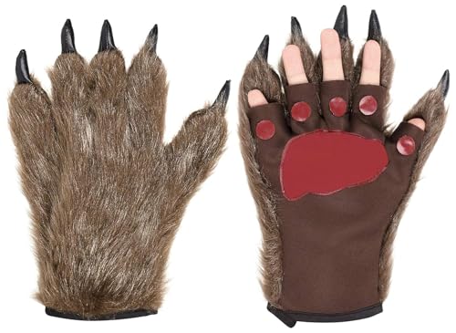 GDFJBG Halloween Werwolf Handschuhe, Bär Pfote Handschuhe Ein Paar Horror Party Deko mit Plüschhaar Tier Monster Cosplay Requisiten Musical Karneval Fasching Zubehör für Maskerade Make Up Spukhaus von GDFJBG