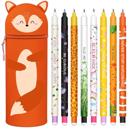 GDFJBG Kawaii 2-in-1-Schuletui aus weichem Silikon + 8 bunte löschbare Stifte, wasserdichter Federhalter mit Reißverschluss, Schulbedarfs-Set, 0,7 mm, Fuchs, Kawaii von GDFJBG