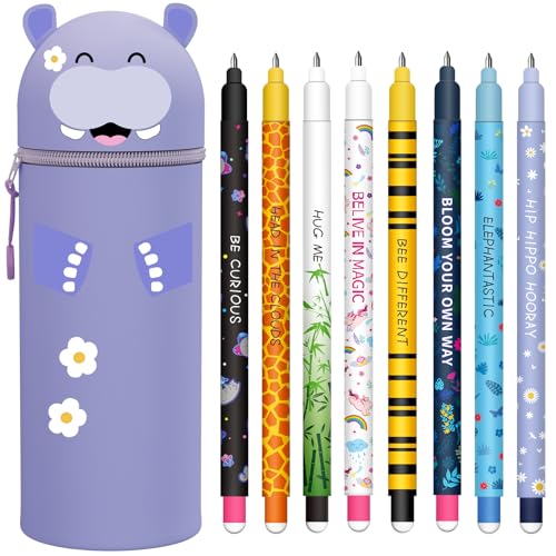GDFJBG Kawaii 2-in-1-Schuletui aus weichem Silikon + 8 bunte löschbare Stifte, wasserdichter Federhalter mit Reißverschluss, Schulbedarfs-Set, 0,7 mm, Nilpferd, Kawaii von GDFJBG