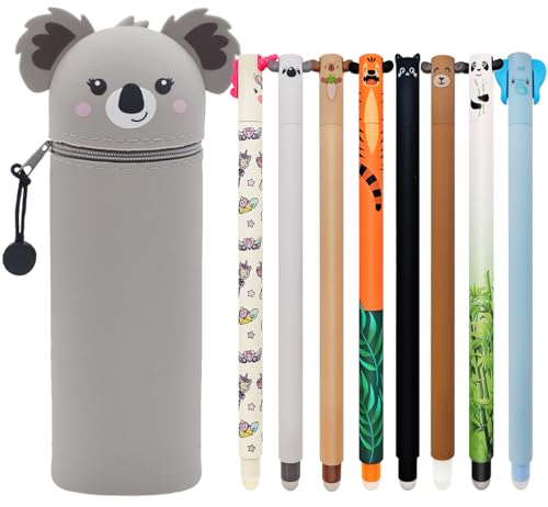 GDFJBG Kawaii 2-in-1 Schulmäppchen aus weichem Silikon + 8 Radierbare Gelschreiber Set, Weiche Stiftetasche mit Reißverschluss & Hitzeempfindliche Stifte - 0,7 mm (Kawaii Koala) von GDFJBG