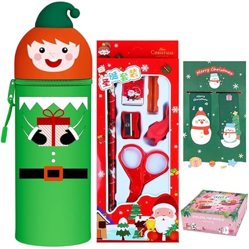GDFJBG Weihnachts 2-in-1 Silikon Federmäppchen Set, Schreibwaren Set, Radiergummi, Anspitzer, Mini Notizblöcke, Bleistift, Kleinigkeiten, Weihnachten Party Geschenke Bag Fillers (6) von GDFJBG