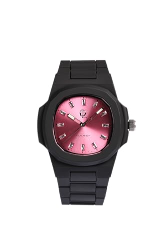 GDL Armbanduhr mit pinken Indizes und weißen Kristallen im Baguetteschliff: Gehäuse 40,5 mm x 8,8 mm, Quarz, wasserdicht bis 5 ATM, leicht 40 g, Soft-Touch-Oberfläche, schwarzes Armband, LumiNova von GDL GIOVANNI DE LUCA