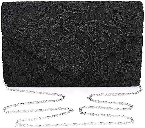 Kaever Damen Satin Spitze Tasche Kette Schulter Damen Abendtasche elegant Abendtasche, Schwarz, L, Elegant von Kaever-eu