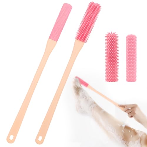 2 x Zehenspalt-Reinigungsbürste, Fußschrubber für die Dusche mit Abschleppbürstenköpfen, langer Griff, Silikon, Duschfußschrubber für Senioren, ältere Menschen, Frauen (Rosa) von GDOKKNY