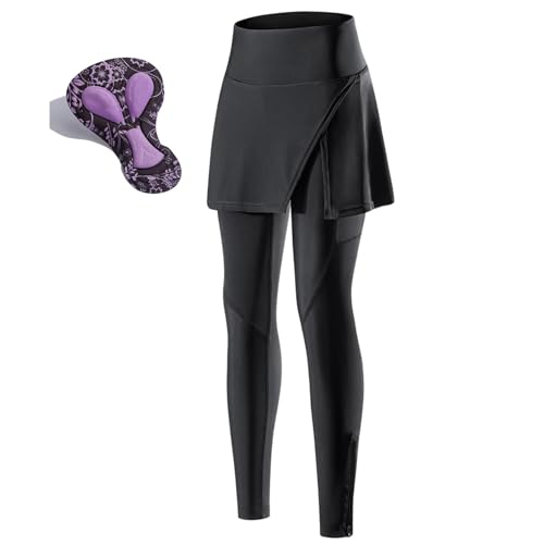 Radlerhose Damen Lang Gepolstert mit Rock, Fahrradhose Frauen Leggings High Waist Fahrradrock Atmungsaktiv Schnell Trocknend Radhose mit Tasche(L) von GDSHGS