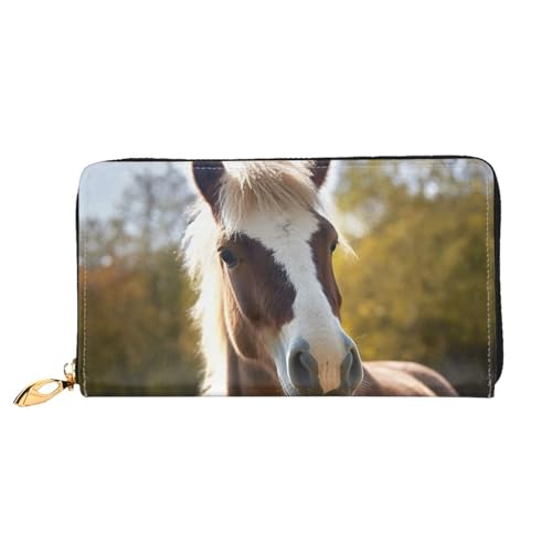 GDSHJKLW Animal Pony Pferd Damen Geldbörse Leder Reißverschluss Rund Clutch Geldbörsen Wasserdicht Kreditkartenhalter mit Handyhalter Damen Reise Münzbörse von GDSHJKLW