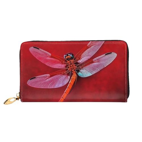 GDSHJKLW Damen-Geldbörse, Libelle auf rotem Hintergrund, Leder, Reißverschluss, wasserdicht, Kreditkartenetui mit Handyhalter, Reise-Münzgeldbörse von GDSHJKLW