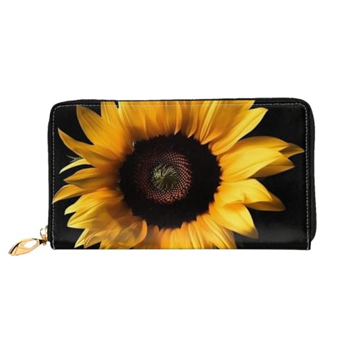 GDSHJKLW Damen-Geldbörse, Sonnenblume auf schwarzem Hintergrund, Leder, Reißverschluss, Clutch, wasserdicht, Kreditkartenetui mit Handyhalter, Reise-Münzgeldbörse von GDSHJKLW