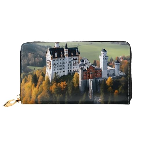 GDSHJKLW Deutschland Neuschwanstein Schloss Damen Geldbörsen Leder Reißverschluss Rund Clutch Geldbörsen Wasserdicht Kreditkartenetui mit Handyhalter Damen Reise Münzbörse von GDSHJKLW