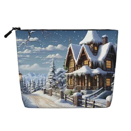 GDSHJKLW Make-up-Tasche aus Leinen für Damen, wasserdicht, Reise-Kosmetik-Organizer, leicht, Reißverschluss, Reise-Kulturbeutel, Organizer, Weihnachten, Winter, fröhliche Szene, Make-up-Pinsel von GDSHJKLW