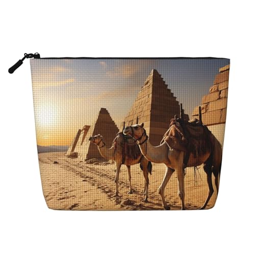 GDSHJKLW Make-up-Tasche aus Leinen für Damen, wasserdicht, Reise-Kosmetik-Organizer, leichter Reißverschluss, Reise-Kulturbeutel, Organizer, Ägypten, Kamel, Make-up-Pinsel, Aufbewahrungstasche von GDSHJKLW
