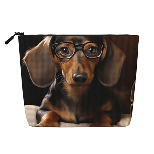 GDSHJKLW Make-up-Tasche aus Leinen für Damen, wasserdicht, Reise-Kosmetik-Organizer, leichter Reißverschluss, Reise-Kulturbeutel, Organizer, Dackel, Buch, Make-up-Pinsel, Aufbewahrungstasche von GDSHJKLW