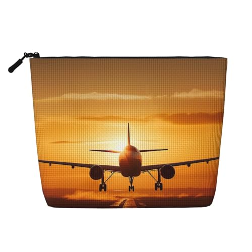 GDSHJKLW Make-up-Tasche aus Leinen für Damen, wasserdicht, Reise-Kosmetik-Organizer, leichter Reißverschluss, Reise-Kulturbeutel, Organizer, Flugzeug bei Sonnenuntergang von GDSHJKLW