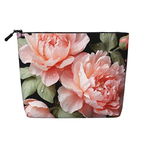 GDSHJKLW Make-up-Tasche aus Leinen für Damen, wasserdicht, Reise-Kosmetik-Organizer, leichter Reißverschluss, Reise-Kulturbeutel, Organizer, Pfingstrosen, Blumen, Rose, Make-up-Pinsel von GDSHJKLW
