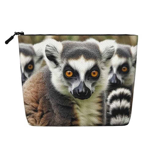 GDSHJKLW Make-up-Tasche aus Leinen für Damen, wasserdicht, Reise-Kosmetik-Organizer, leichter Reißverschluss, Reise-Kulturbeutel, Organizer, Tiere, Lemur-Muster, Make-up-Pinsel, Aufbewahrungstasche von GDSHJKLW