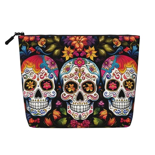 GDSHJKLW Make-up-Tasche aus Leinen für Damen, wasserdicht, Reise-Kosmetik-Organizer, leichter Reißverschluss, Reise-Kulturbeutel, Organizer, bunte Blumenschädel, Make-up-Pinsel, Aufbewahrungstasche von GDSHJKLW